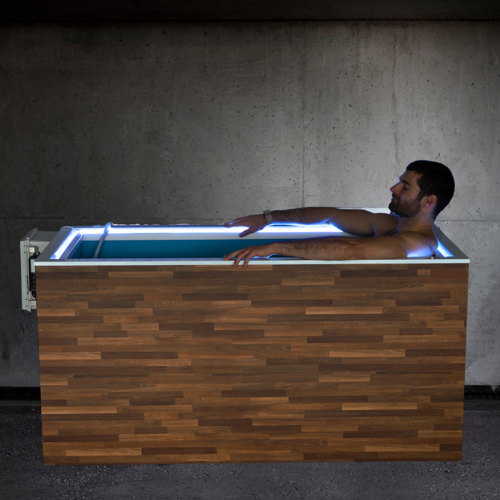 Cold plunge in use at night with LED lighting
